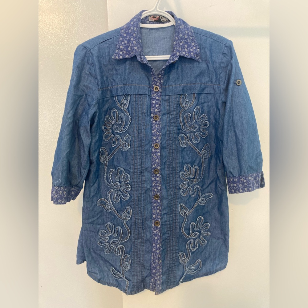 Women's Blue Embroidered Button-Down Shirt